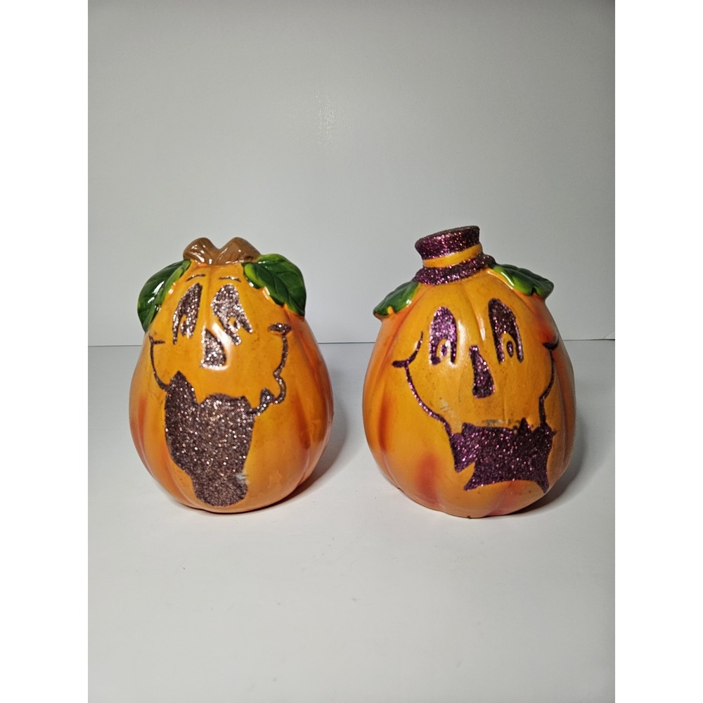 Halloween Pumpkin Jack O Lantern Figurines 5.5 Ceramic Kitsch Glitter Vintage